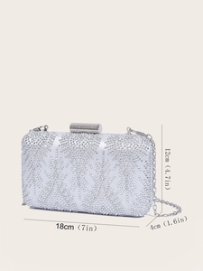 Detail view of silver rhinestone evening bag with chain showing dimensions 18cm x 12cm x 4cm