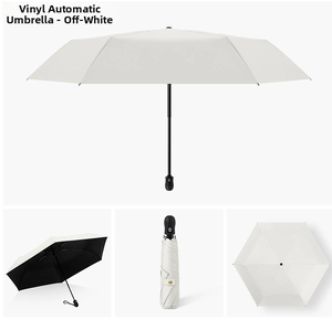 Detail view of cream-colored automatic umbrella with black UV-protective coating
