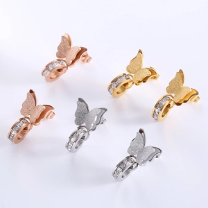 Frosted butterfly stainless steel hoop earrings in rose gold, gold and silver finishes