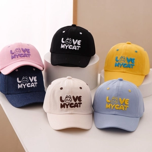 Kids cotton baseball caps set with Love My Cat embroidery in various vibrant colors