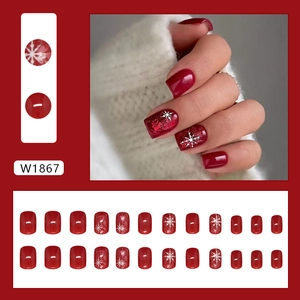 Uñas postizas rojas de Navidad con purpurina y copos de nieve blancos, juego completo de 24 piezas