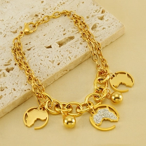 Bracelet en acier inoxydable doré avec pendentif carte d'Afrique et petites billes