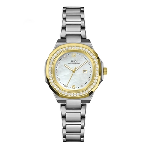 Two-tone stainless steel watch with diamond-set bezel and white mother-of-pearl dial