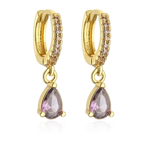 Detail of 18K gold-plated huggie earrings featuring pear-cut purple zircon pendants