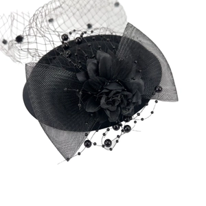 Elegant black fascinator hat with handmade flower and mesh veil for cocktail party