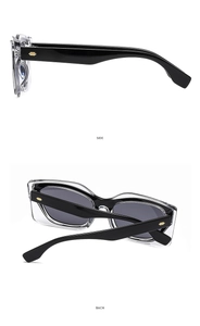 Detail view of square color-block sunglasses showing side and back angles on white