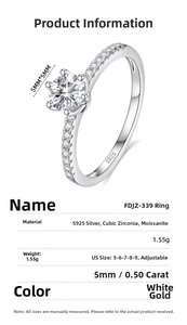 S925 sterling silver ring featuring a six-prong 0.5ct moissanite and adjustable band