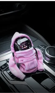 Close-up of pink car gear shift hoodie cover made of soft velvet with adjustable drawstrings