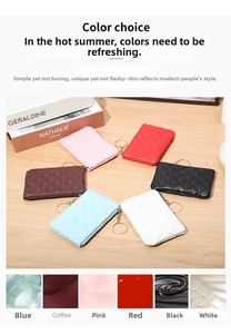Flat lay of colorful quilted PU leather coin purses with golden ring keychains in six shades