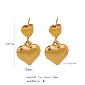 Boucles d'oreilles cœur en acier inoxydable 316L doré avec dimensions de 24 mm