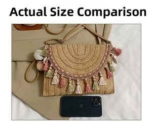 Straw envelope crossbody bag with colorful fringe and embroidery on casual fabric
