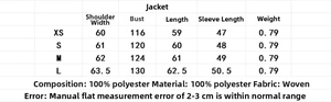 Size guide for loose lapel button jacket in XS-L with detailed measurements and material info