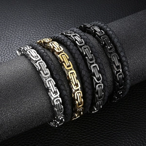 Herren Byzantinisches Armband aus Edelstahl und geflochtenem Leder in vier Metallfarben