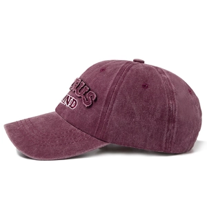 Vintage burgundy washed cotton baseball cap with retro 3D embroidery for sun protection