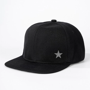 Classic black flat brim snapback hat with a decorative silver glitter star detail