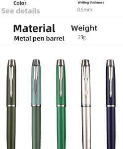 Detailed specs of five colorful metal rollerball pens with 0.5mm nib and arrow clip