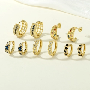 Gold-plated hoop earrings set with blue, black, and multi-color zircon stones