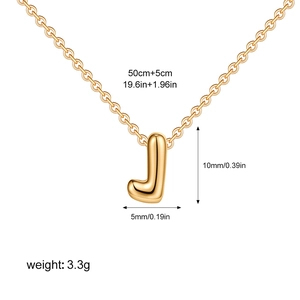 Detailed dimension guide for golden bubble letter J pendant necklace with size labels