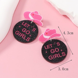 Pink glitter cowboy hat acrylic earrings with Let's Go Girls text on pink background