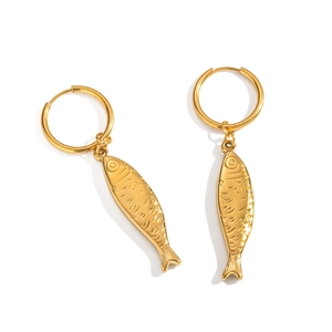 18K gold plated stainless steel hoop earrings with small fish charms for women
