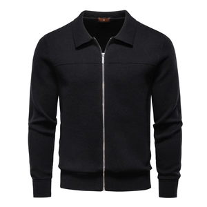 Men's black zip-up knit cardigan jacket with a classic collar and long sleeves