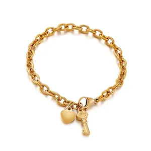 Fashion Stainless Steel Bracelet Heart And Key Charms Rolo Chain For Women Romantic Polished Jewelry Minimalist Style
