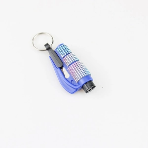 Blue rhinestone emergency escape tool with seatbelt cutter and glass breaker keychain