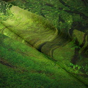 Close-up of the detailed forest landscape print on soft fabric showing natural texture