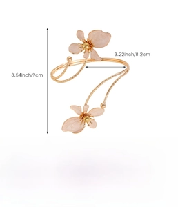 Detail showing dimension and weight of gold iron arm cuff with beige enamel flowers
