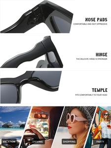 Detail view of reinforced metal hinges and integrated nose pads on stylish square sunglasses