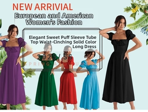 Detail view of high waist puff sleeve dress in multiple colors like purple, red and green