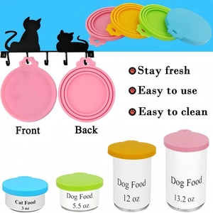 Silicone pet food can lids in 4 colors showing 3oz to 13.2oz multi-size fit details