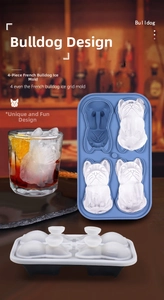 Detailed 4-cavity silicone bulldog ice cube mold with lid for creative drink shapes