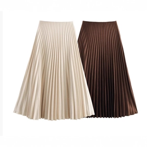 Women Pleated Midi Skirt High Waist A-Line Satin Finish Elegant Solid Color Streetwear Bottoms