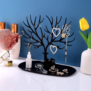 Black antler shaped jewelry organizer tree with oval tray for earrings and watches