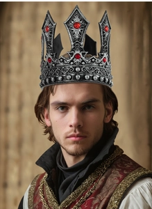 Detailed close-up of a vintage silver king crown with red gemstones for cosplay costumes