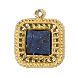 Detailed macro view of square lapis lazuli pendant with vintage gold beaded frame