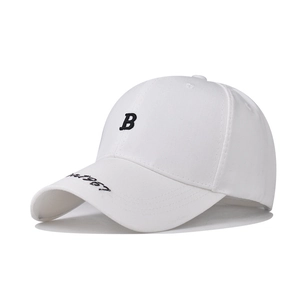 Detailed view of white washed cotton baseball cap with black B letter embroidery