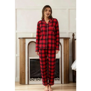 Pajama Top And Pants Women Plaid Polyester Spandex Lapel Collar Button Down Home Wear Christmas Lounge Comfort