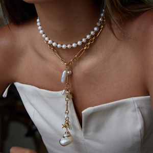 French style double-layer gold chain necklace with pearls and ocean shell pendants