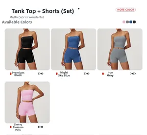 Detail showing high-waisted yoga set with side stripe shorts and bandeau tops in four colors