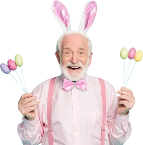 Detail of bunny ear headband with pink satin bow tie and elastic suspenders for Easter