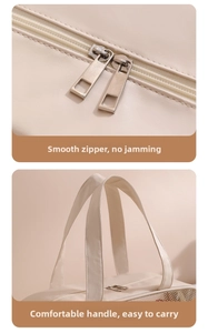 Detail of smooth metal zippers and comfortable wide handle on the beige travel toiletry bag