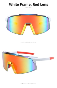 Detail view of white frame cycling sunglasses with red mirror lenses in two angles