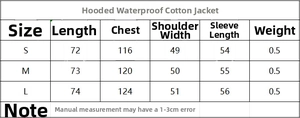 Detailed size chart for the quilted hooded jacket with length and bust measurements