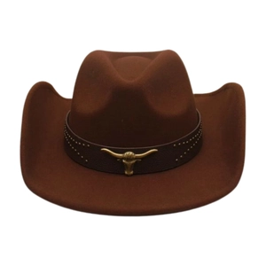 Detailed view of brown felt cowboy hat with leather band and golden longhorn metal emblem