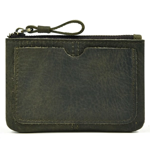 Detail of dark olive green leather coin purse showing external card slot and zipper texture