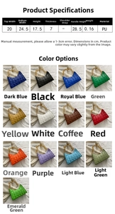 Detailed size chart of the quilted baguette bag showing dimensions and multiple color options