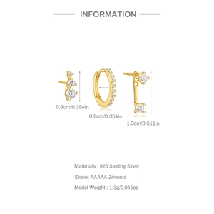 Three gold S925 sterling silver hoop earrings set with AAAAA cubic zirconia stones