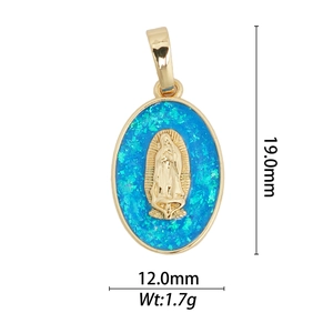 18k gold plated oval Virgin Mary pendant with blue opal inlay and size dimensions